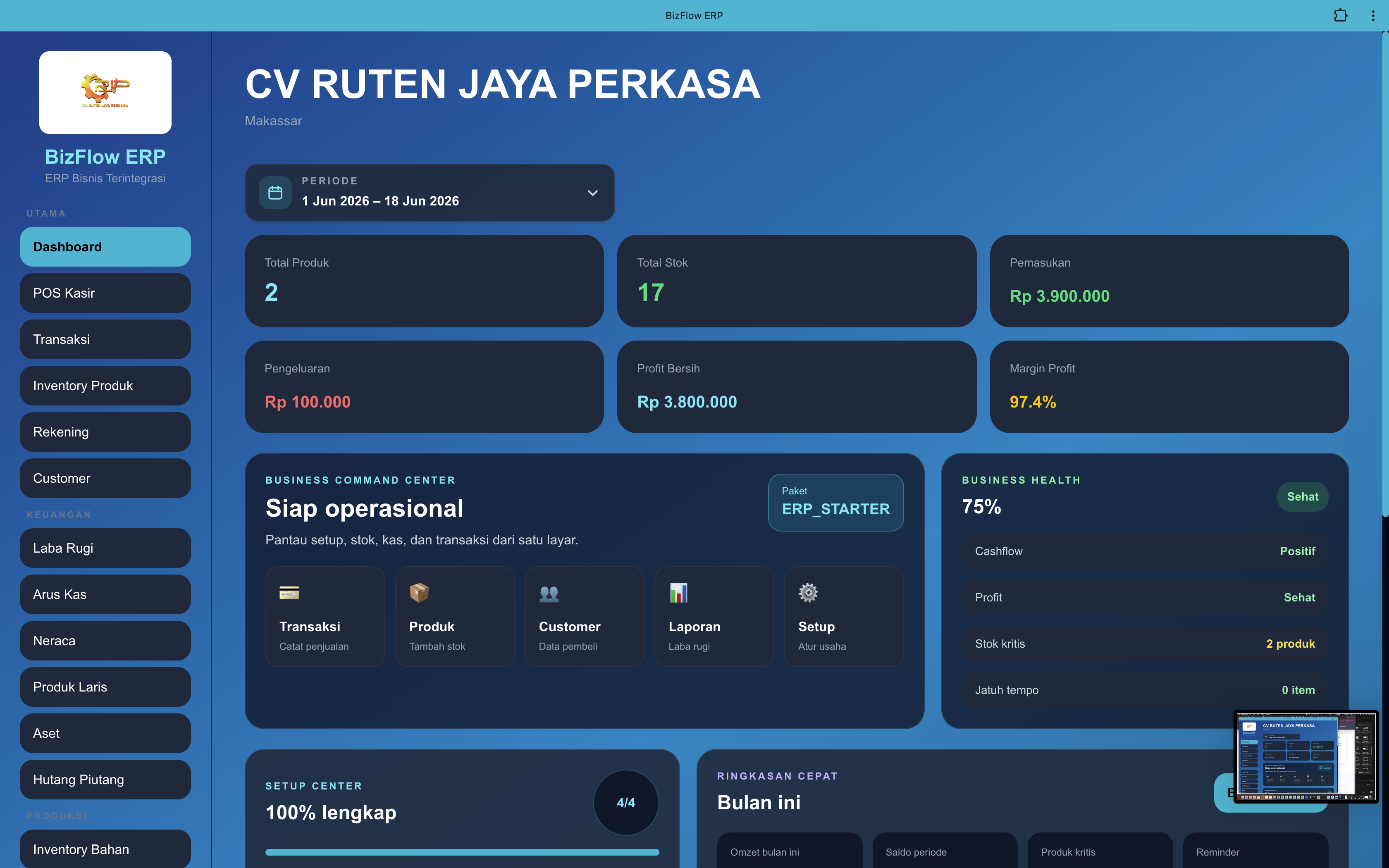 Dashboard BizFlow untuk pencatatan keuangan personal dan bisnis
